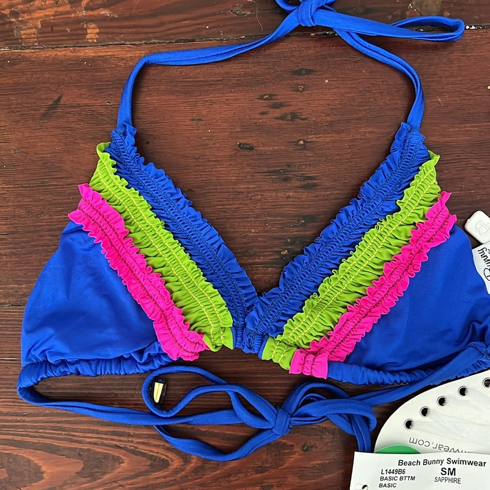 Adorable Blue with Green and Pink Ruffles Bikini Gold Hardware NWT S - Picture 3 of 12
